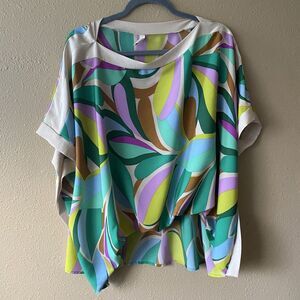 Tyche Shirt Womens Medium Multi Petal Banded Colorful Geometric Boat Neck Blouse